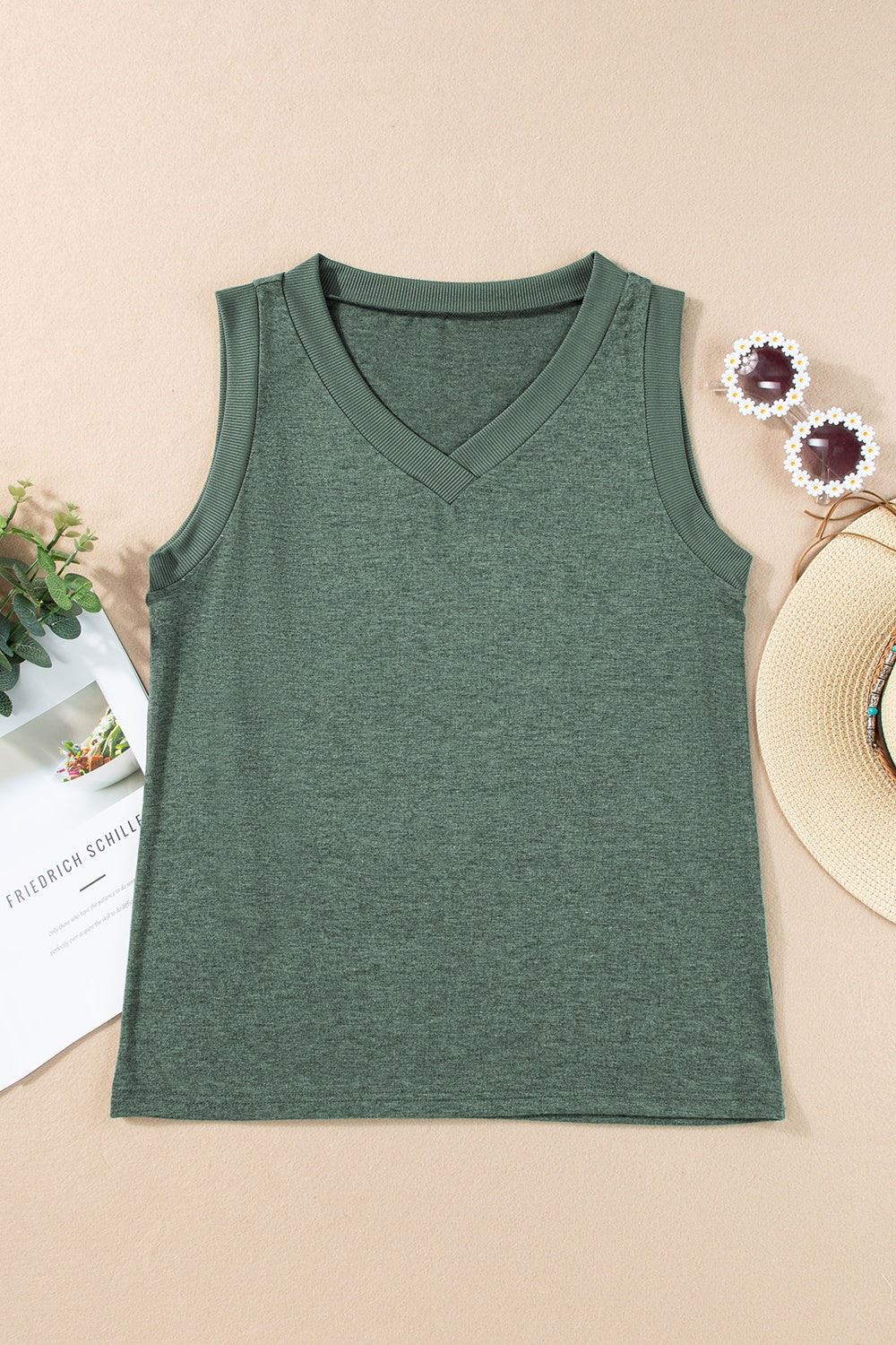 V-neck wide strap tank, opaque and stretchy.
