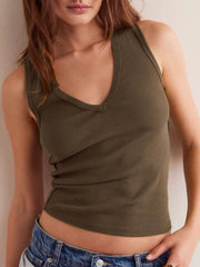 V-neck wide strap tank, slightly stretchy.