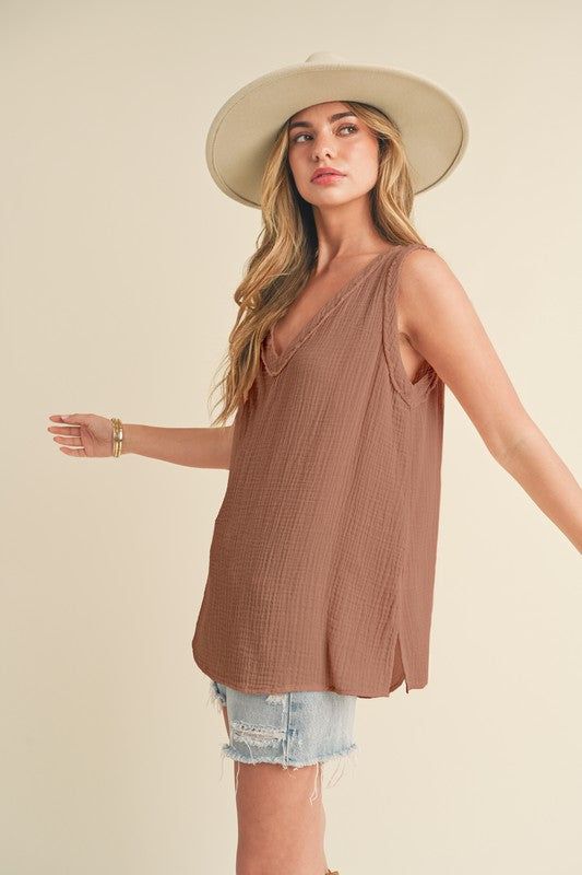 V-neck wide strap tank, opaque.