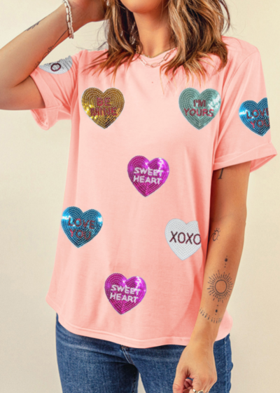 ValentineÃ¢â‚¬â„¢s Day Sequin Heart Round Neck Short Sleeve T-Shirt