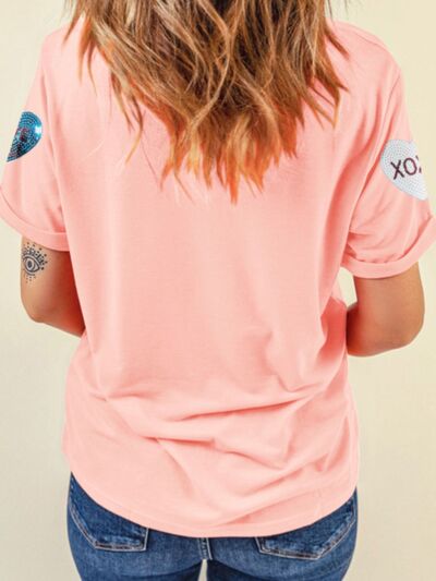 ValentineÃ¢â‚¬â„¢s Day Sequin Heart Round Neck Short Sleeve T-Shirt