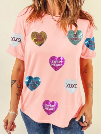 ValentineÃ¢â‚¬â„¢s Day Sequin Heart Round Neck Short Sleeve T-Shirt