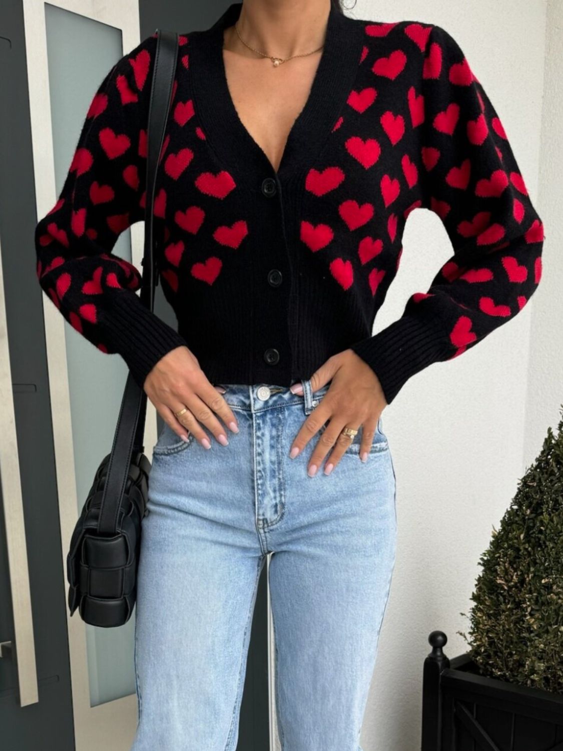 Valentine's Day heart V-neck cropped cardigan.