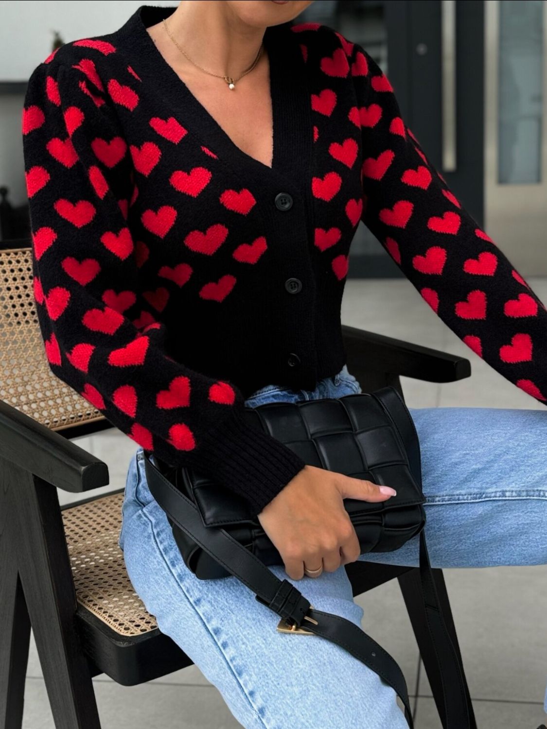 Valentine's Day heart V-neck cropped cardigan.