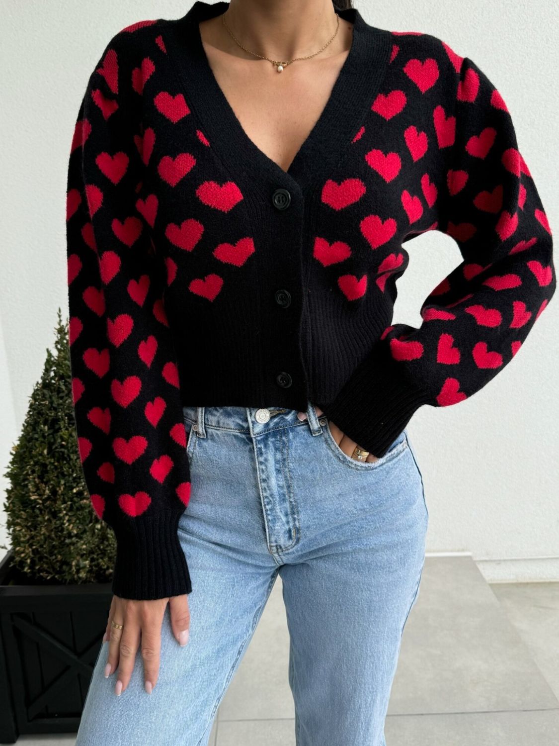 Valentine's Day heart V-neck cropped cardigan.