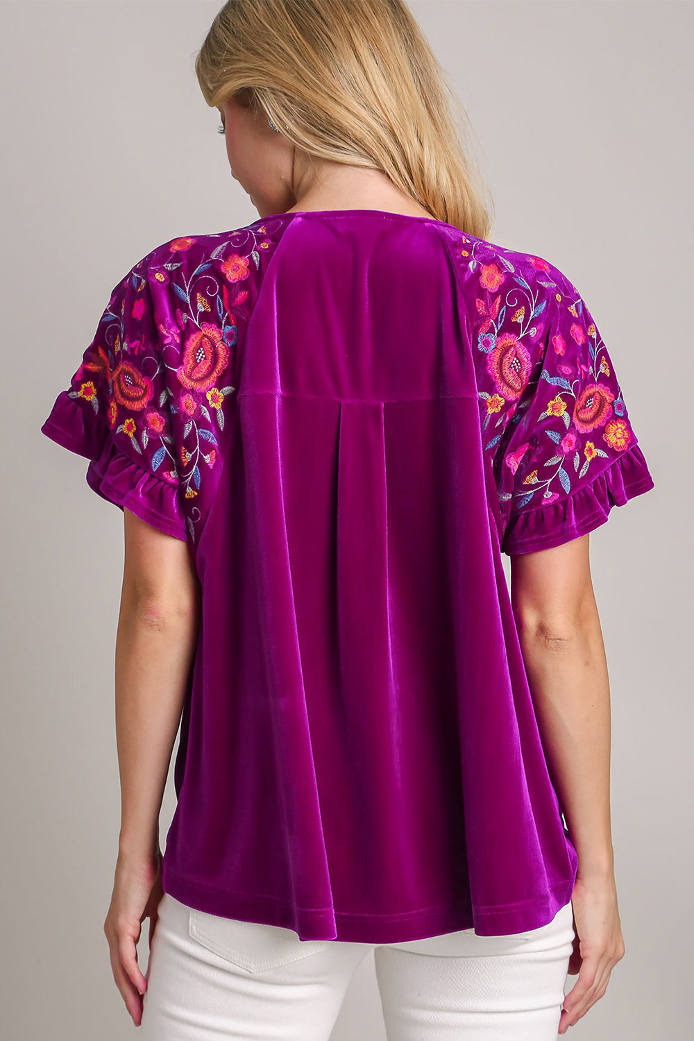 Umgee Full Size Velvet Embroidery Short Sleeve Blouse.