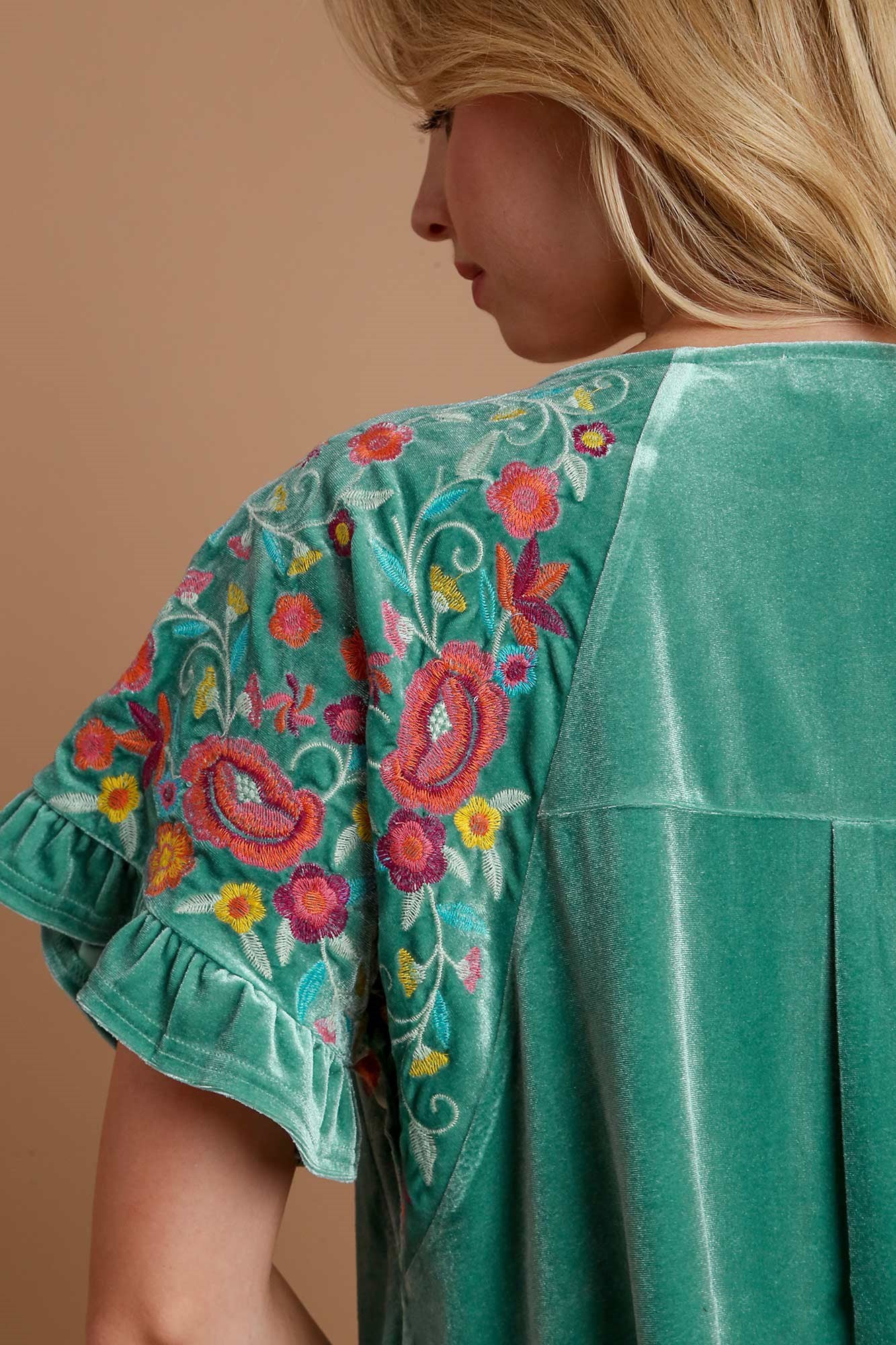 Umgee Velvet Embroidery Short Sleeve Blouse.