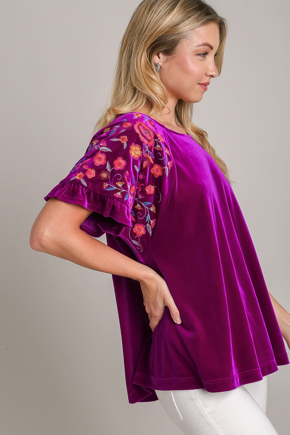 Umgee Full Size Velvet Embroidery Short Sleeve Blouse.