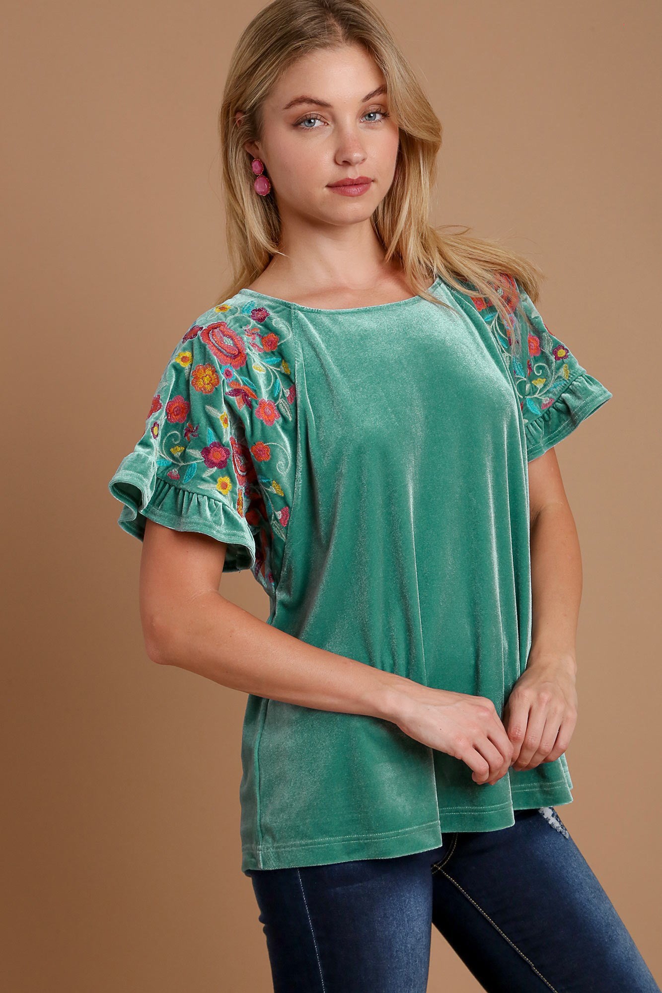 Umgee Velvet Embroidery Short Sleeve Blouse.
