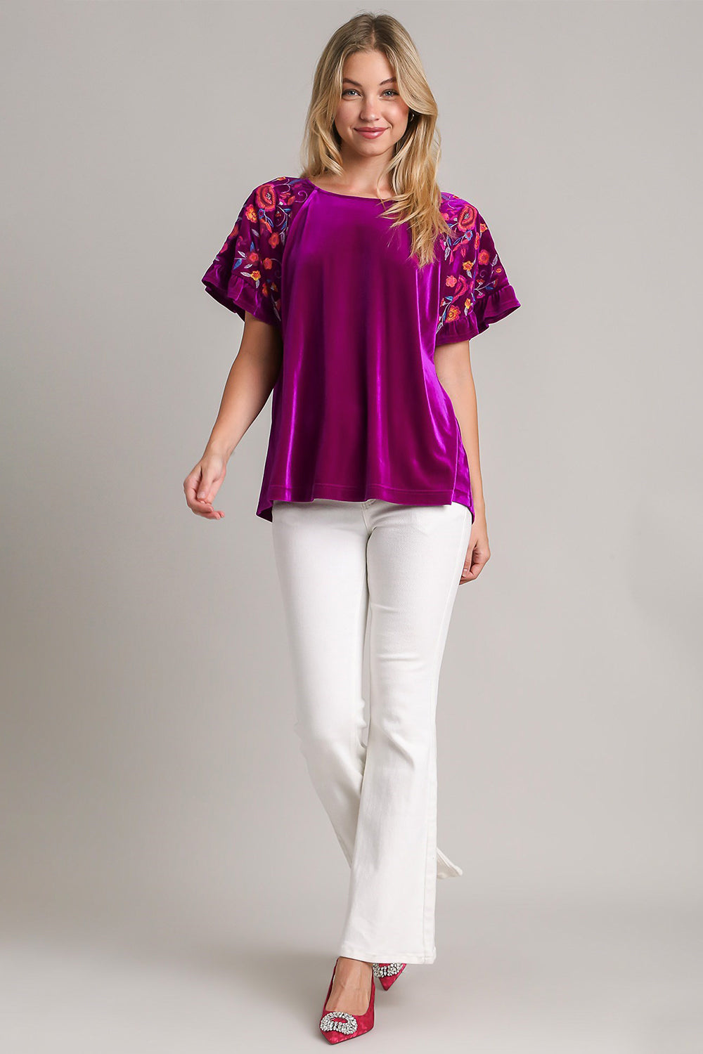 Umgee Full Size Velvet Embroidery Short Sleeve Blouse.
