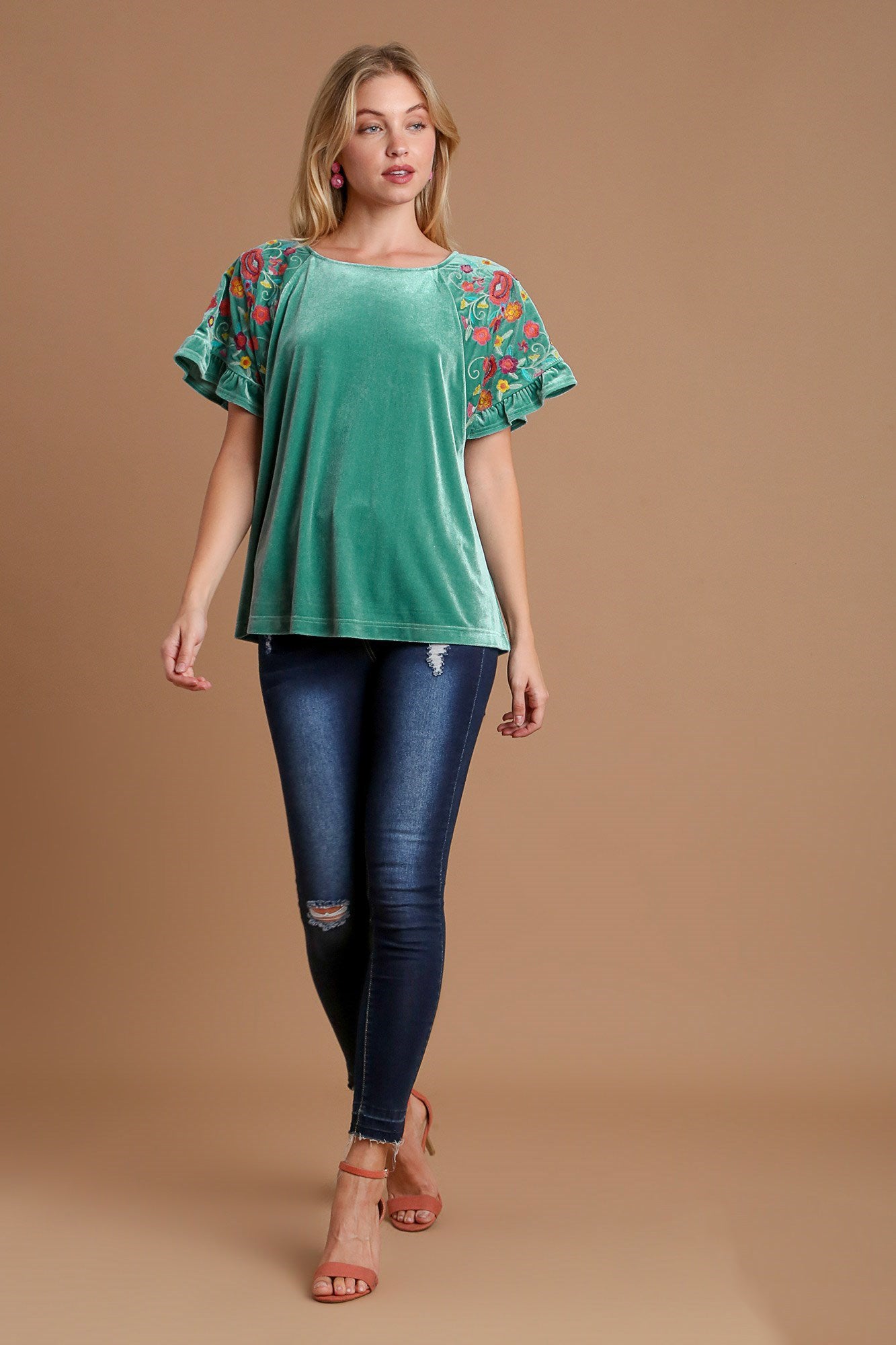 Umgee Velvet Embroidery Short Sleeve Blouse.