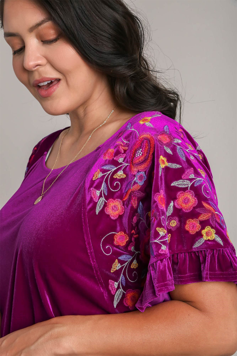 Umgee Full Size Velvet Embroidery Short Sleeve Blouse.