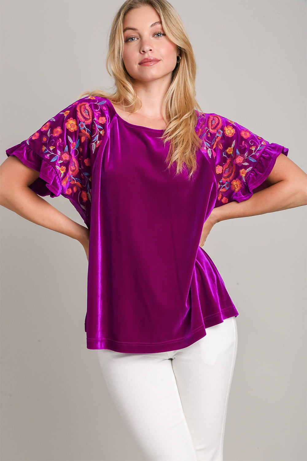 Umgee Full Size Velvet Embroidery Short Sleeve Blouse.