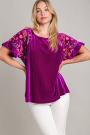 Umgee Full Size Velvet Embroidery Short Sleeve Blouse.