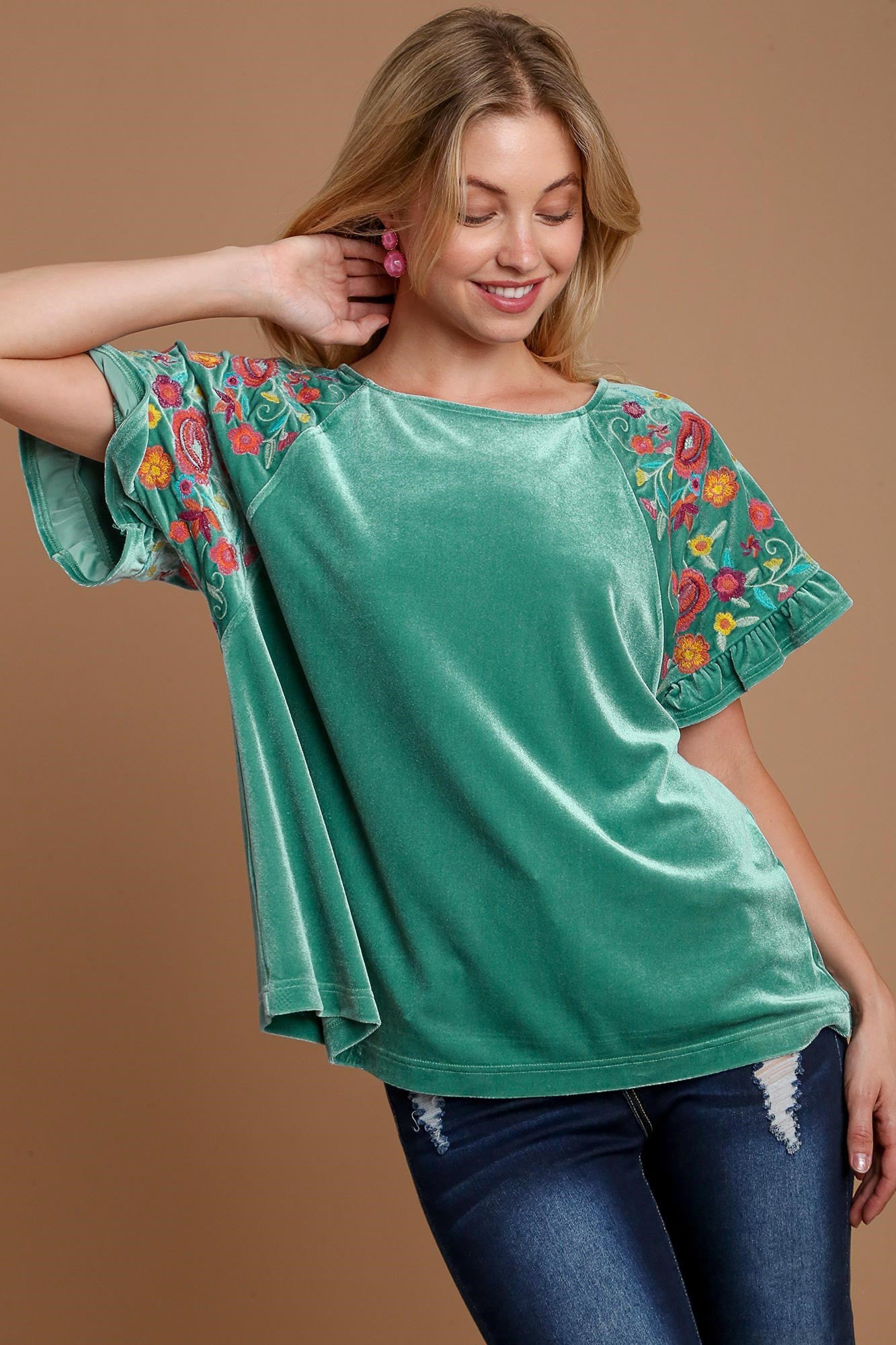 Umgee Velvet Embroidery Short Sleeve Blouse.
