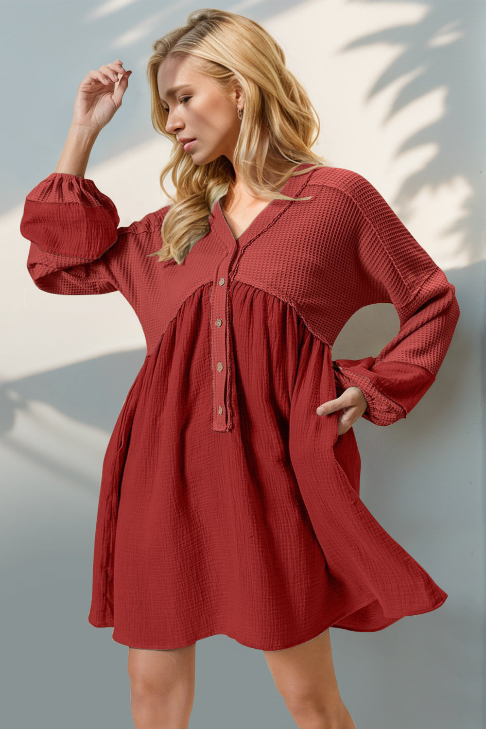Double Take Waffle-Knit Contrast Half Button V-Neck Long Sleeve Mini Dress.