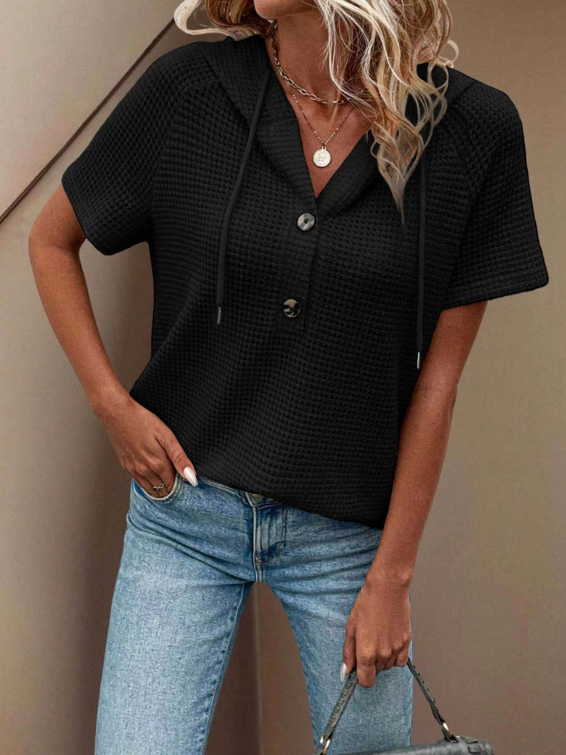 Waffle-Knit Hooded Short Sleeve Blouse.