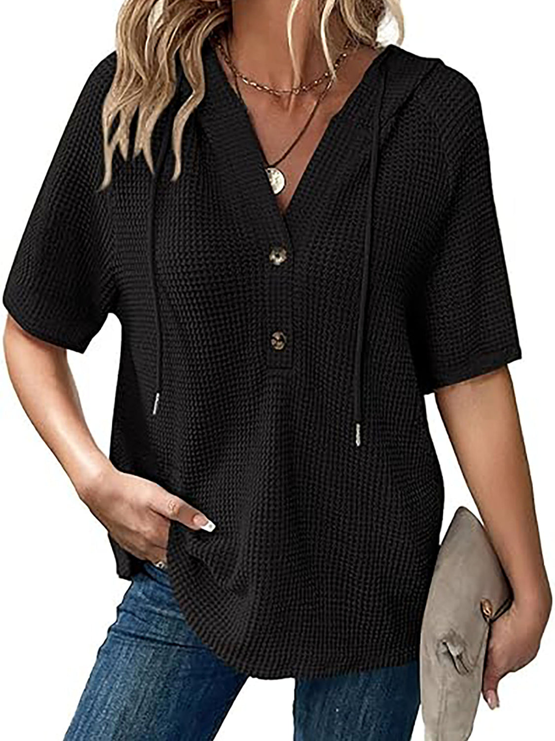 Waffle-Knit Hooded Short Sleeve Blouse.