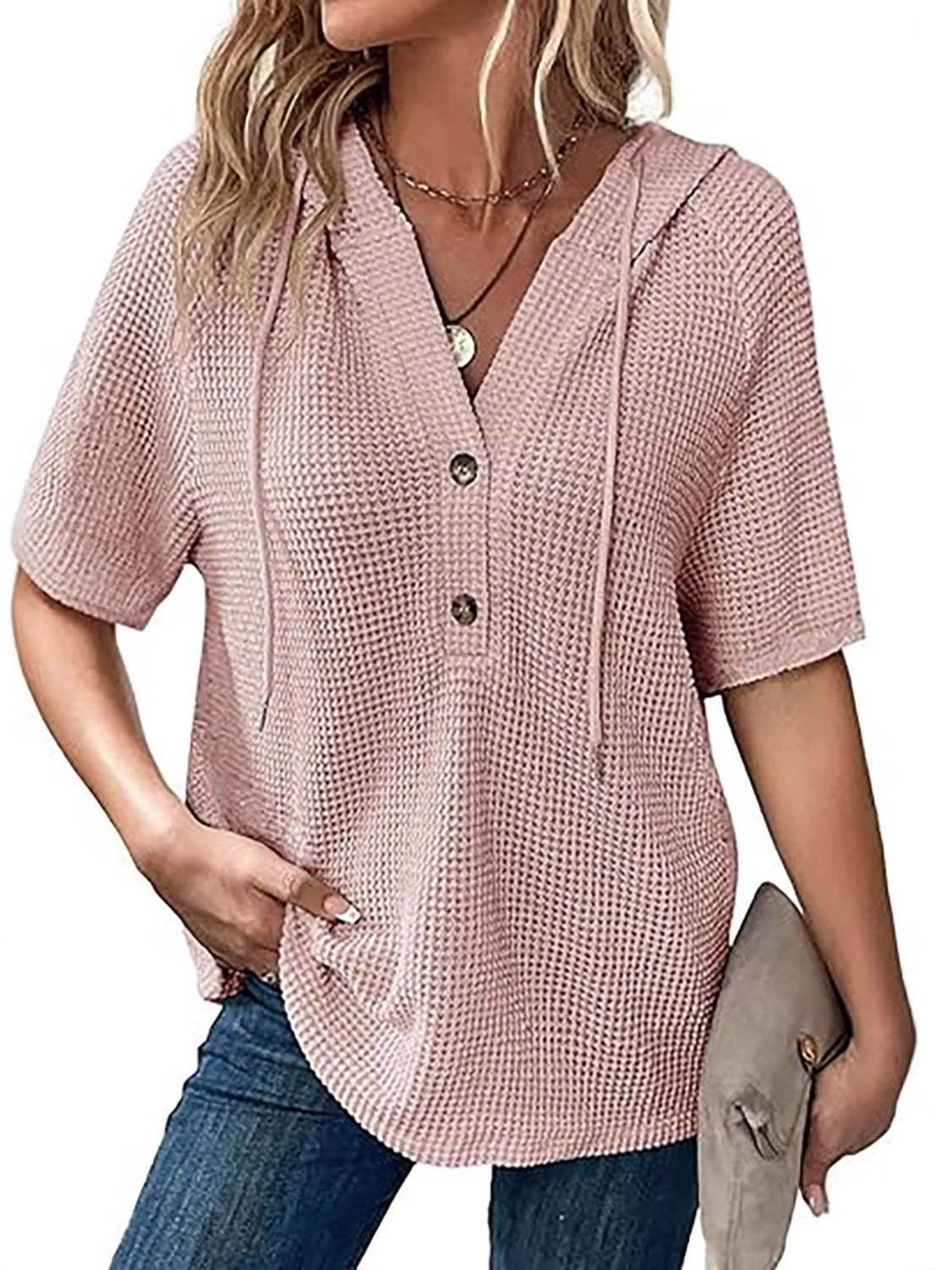 Waffle-Knit Hooded Short Sleeve Blouse.