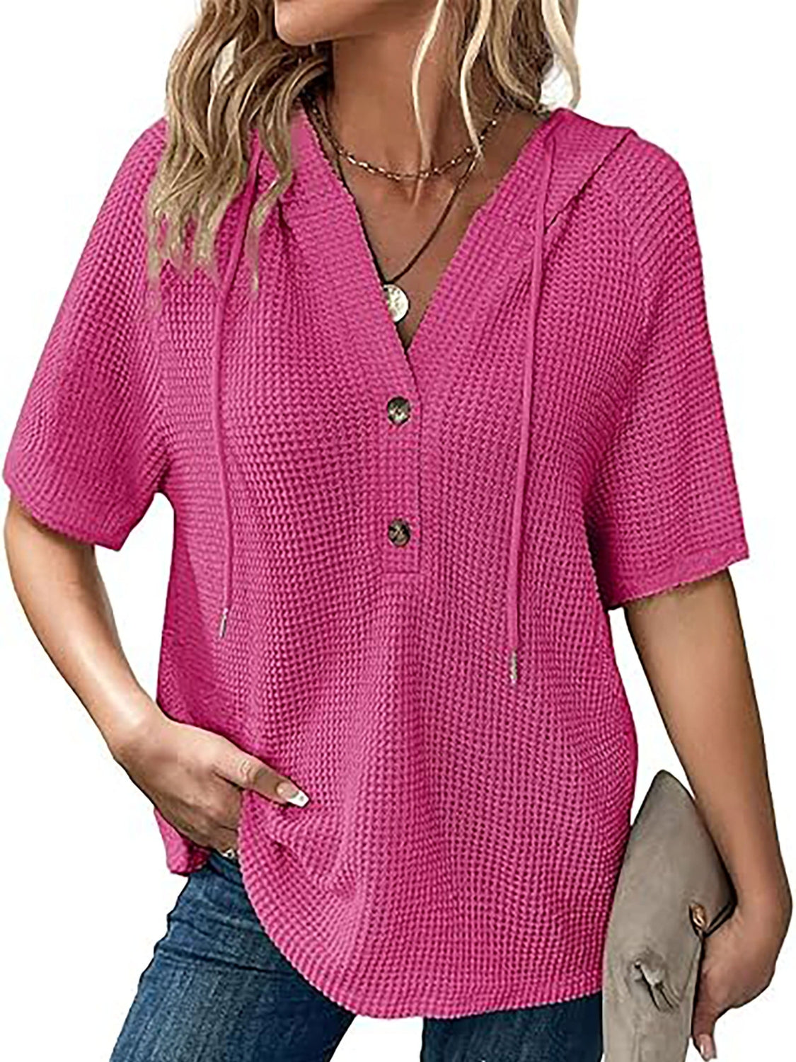 Waffle-Knit Hooded Short Sleeve Blouse.