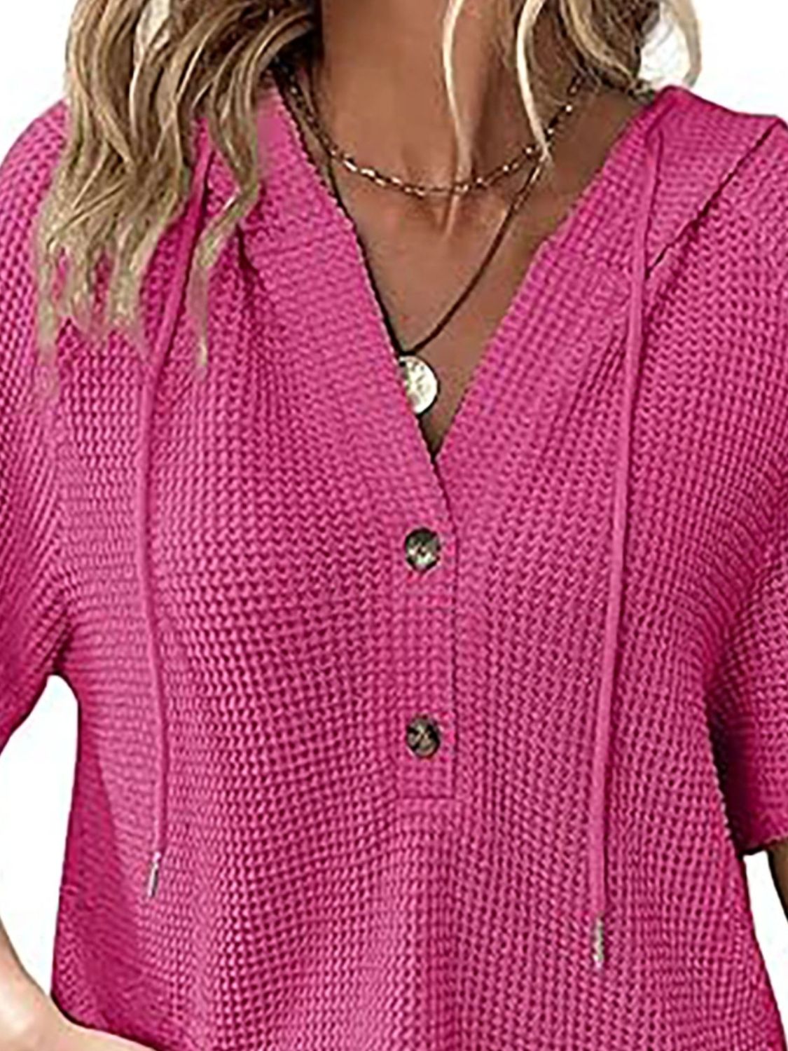 Waffle-Knit Hooded Short Sleeve Blouse.