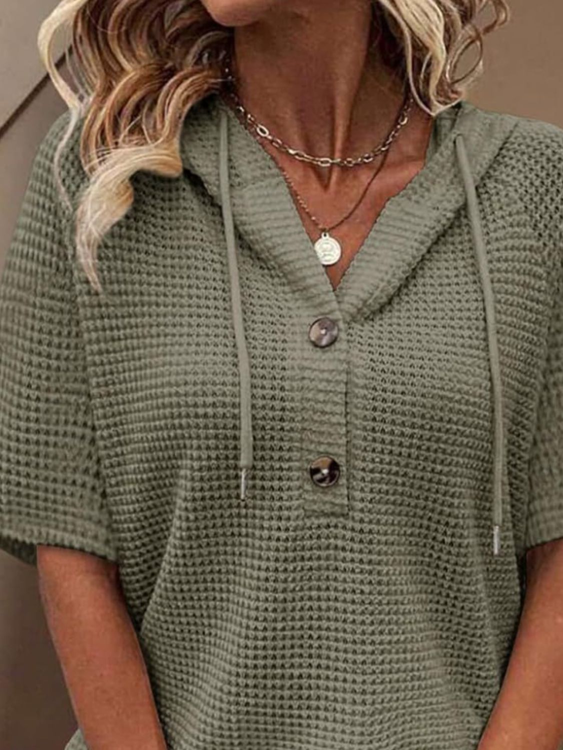 Waffle-Knit Hooded Short Sleeve Blouse.