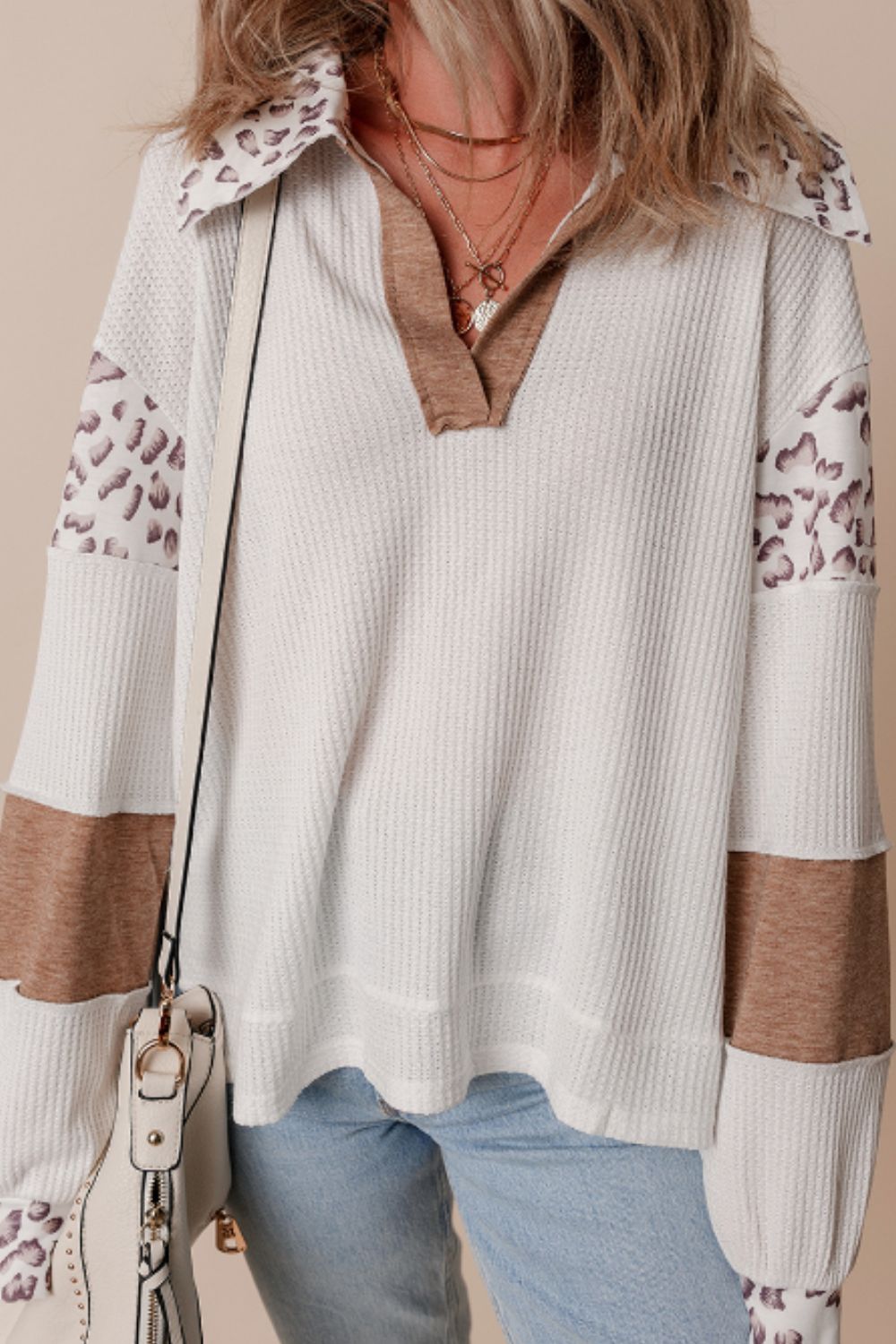 Waffle-Knit Leopard Johnny Collar Long Sleeve Top.