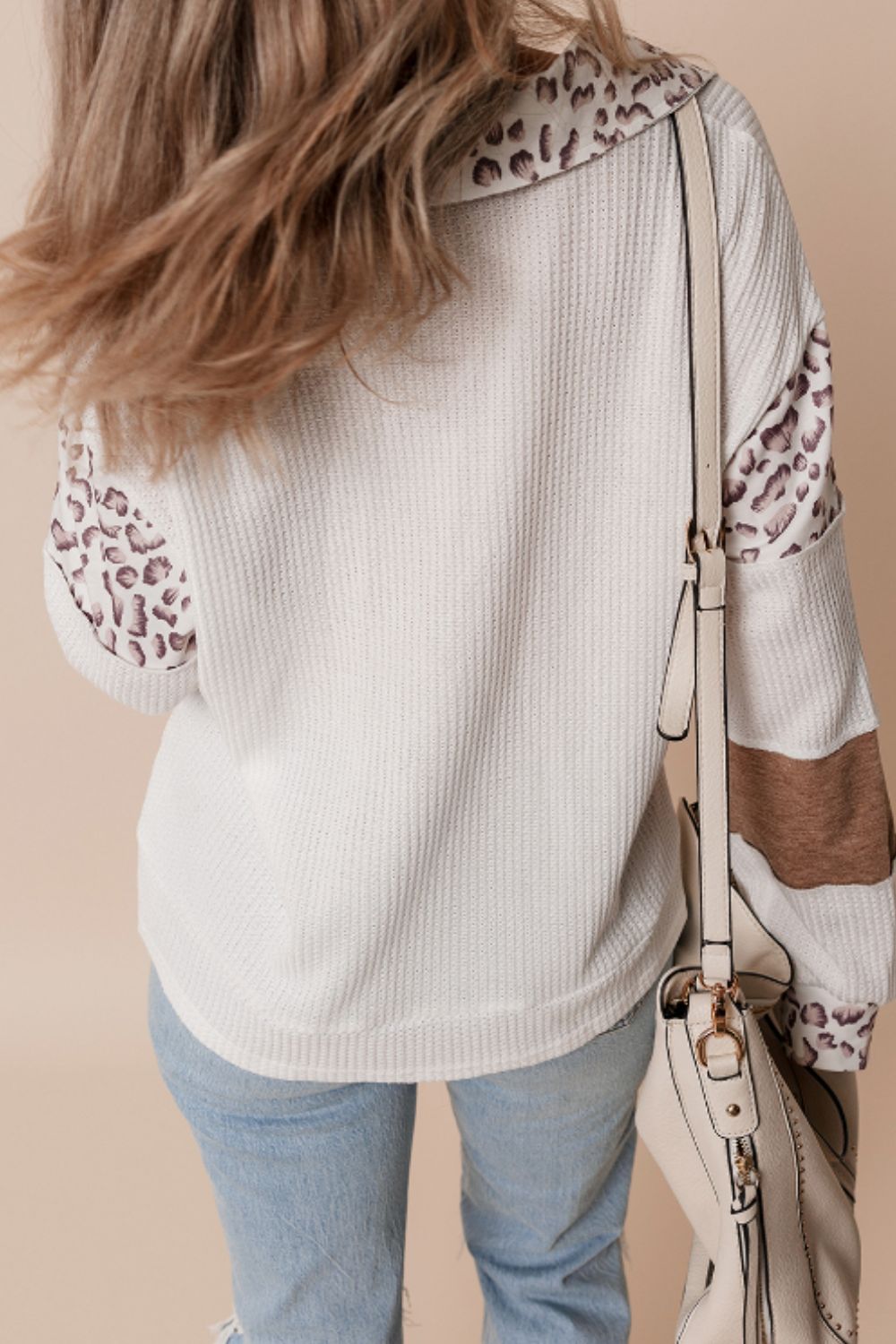 Waffle-Knit Leopard Johnny Collar Long Sleeve Top.