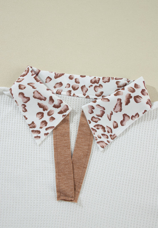 Waffle-Knit Leopard Johnny Collar Long Sleeve Top.
