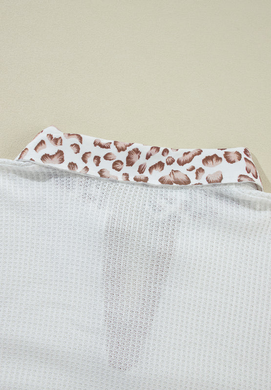 Waffle-Knit Leopard Johnny Collar Long Sleeve Top.