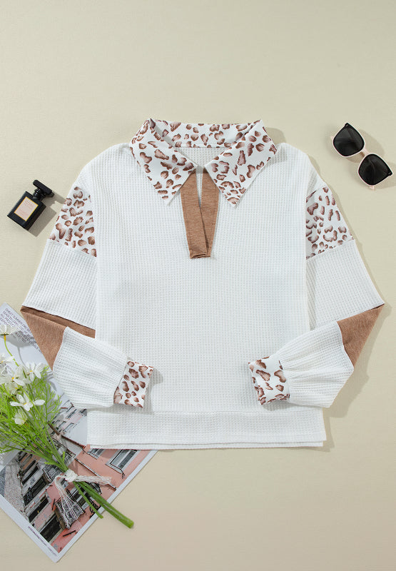 Waffle-Knit Leopard Johnny Collar Long Sleeve Top.