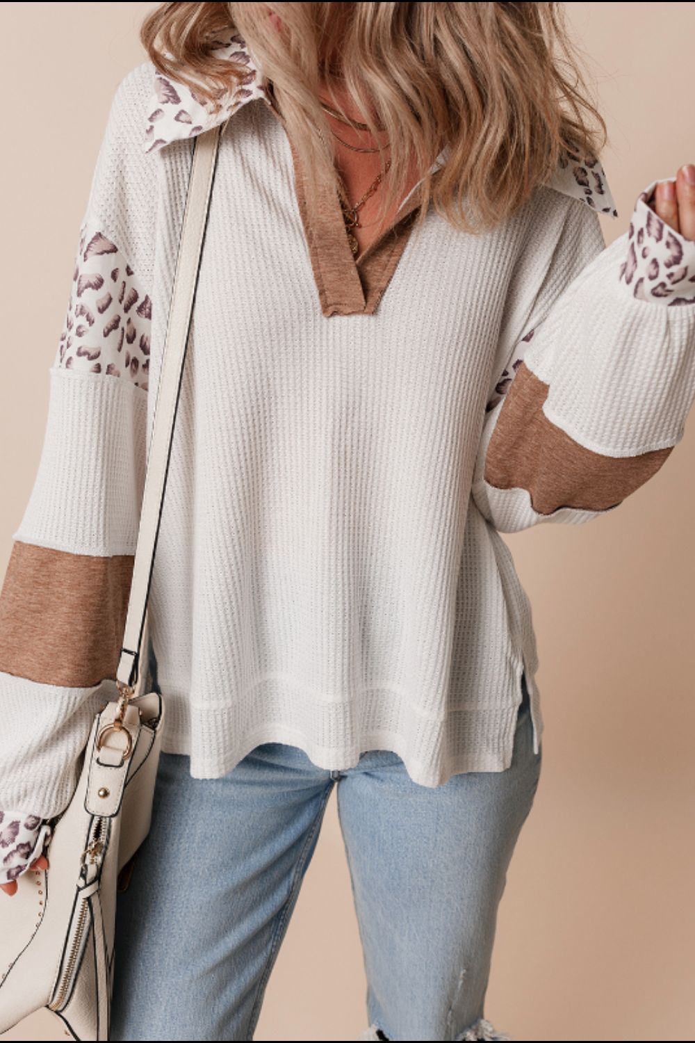 Waffle-Knit Leopard Johnny Collar Long Sleeve Top.
