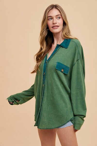 Annie Wear Waffle-Knit Mineral Washed Button Down Shirt.