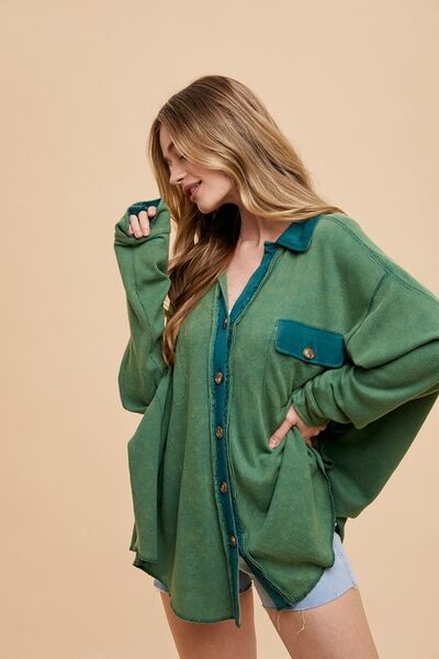 Annie Wear Waffle-Knit Mineral Washed Button Down Shirt.