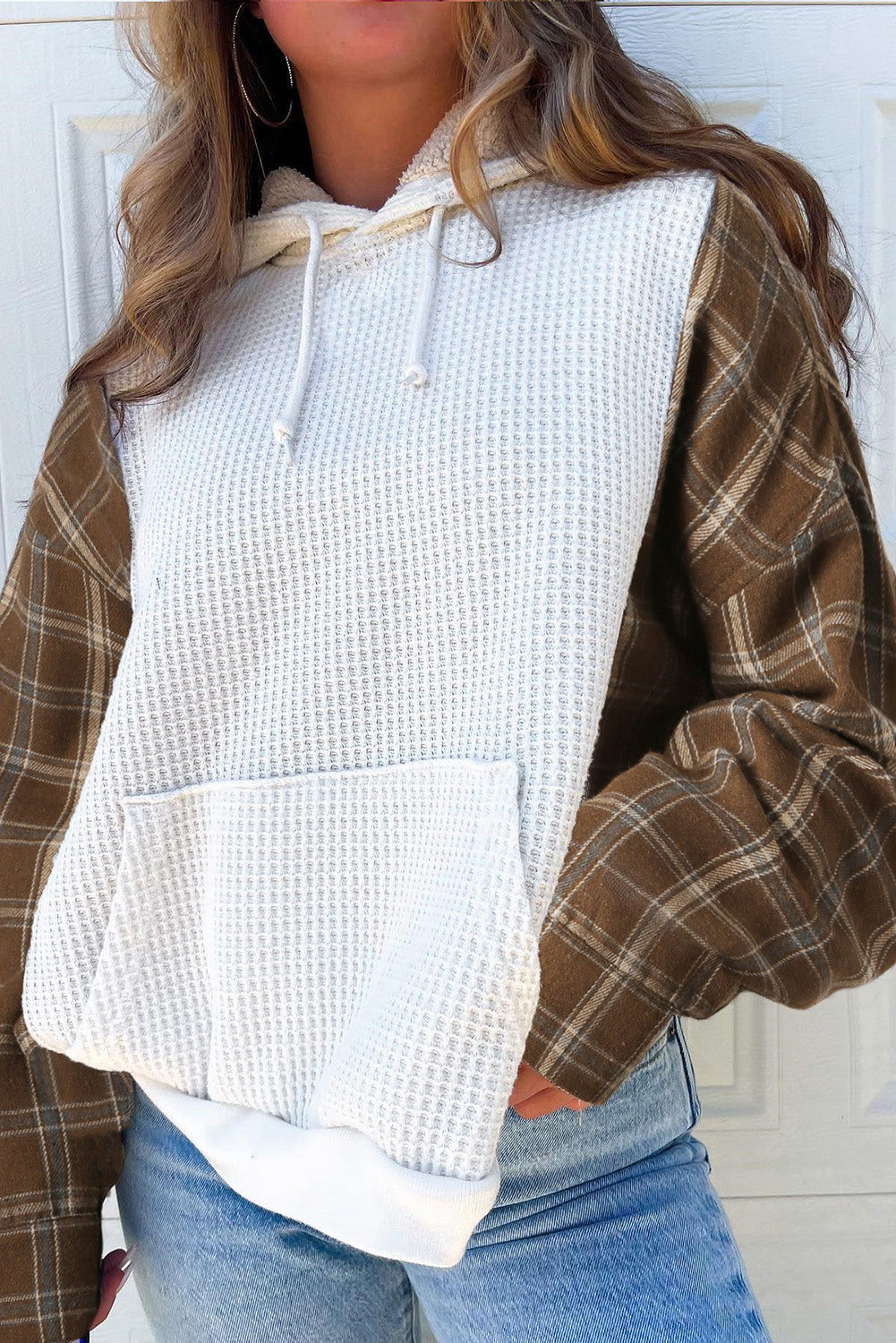 Waffle knit plaid long sleeve kangaroo pocket hoodie with drawstring.