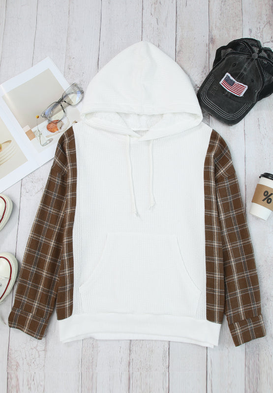 Waffle knit plaid long sleeve kangaroo pocket hoodie with drawstring.