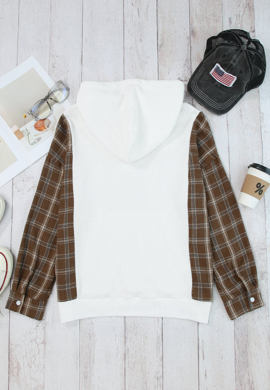 Waffle knit plaid long sleeve kangaroo pocket hoodie with drawstring.