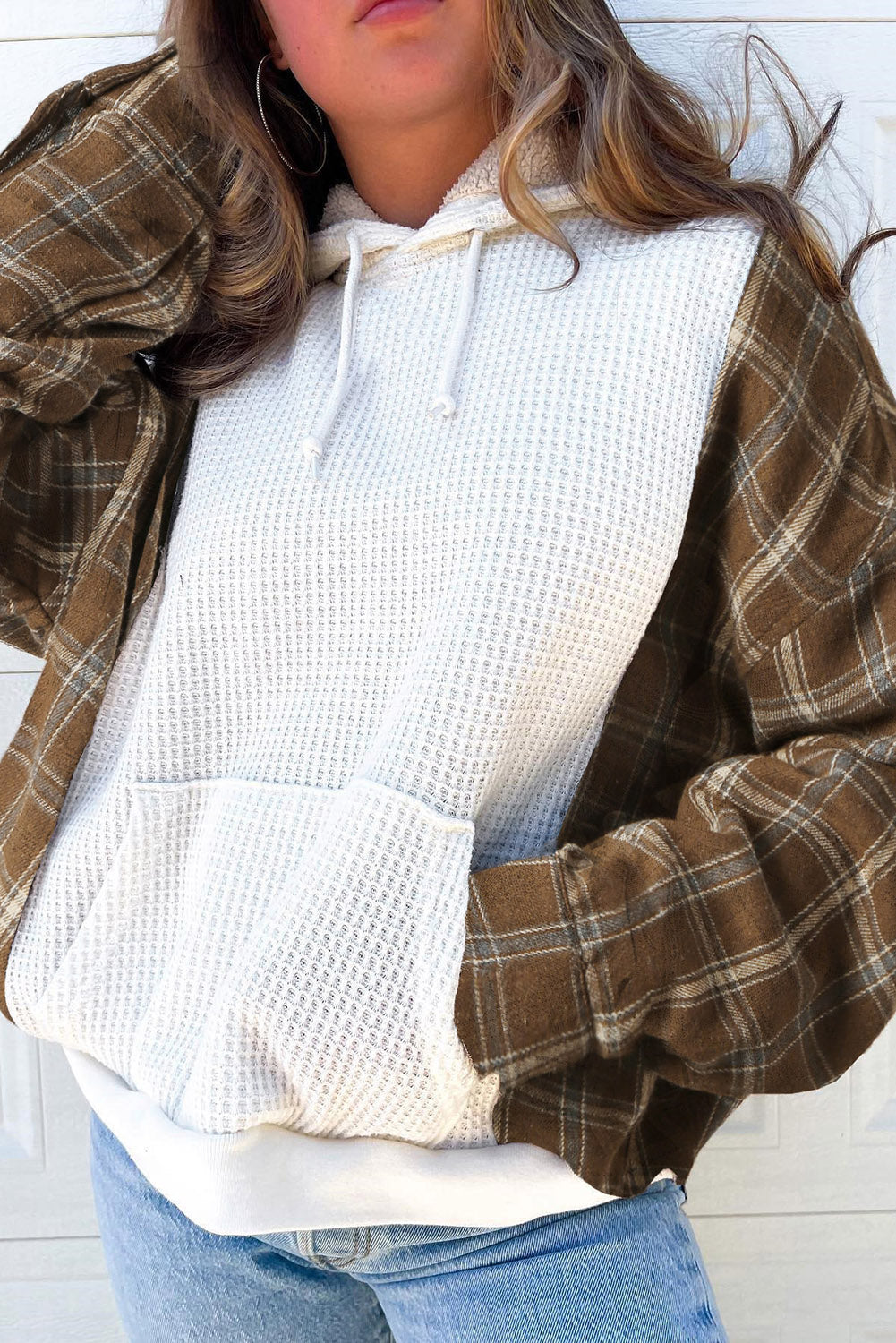 Waffle knit plaid long sleeve kangaroo pocket hoodie with drawstring.