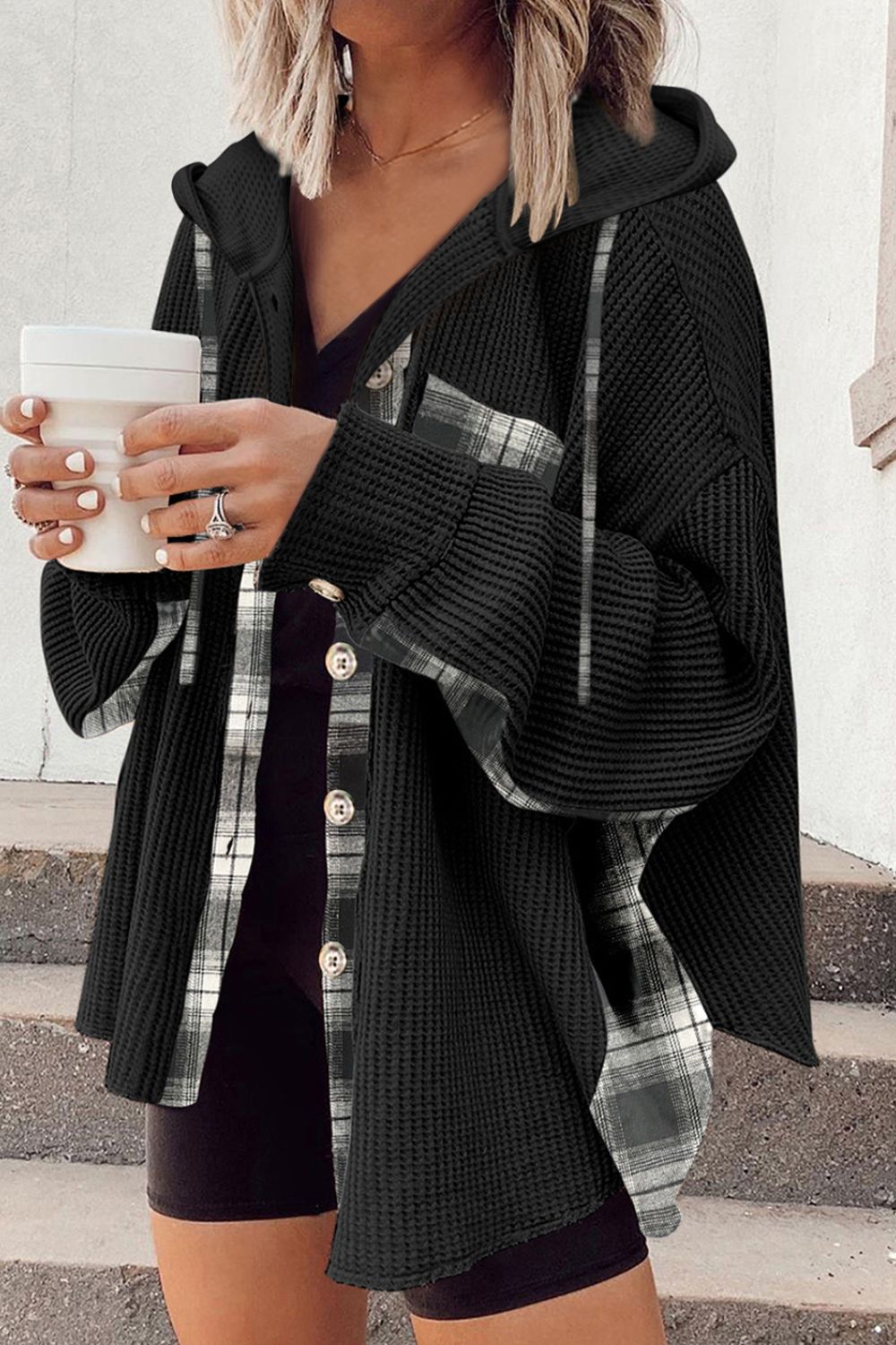 Waffle knit plaid patchwork drawstring hooded shacket with pockets.