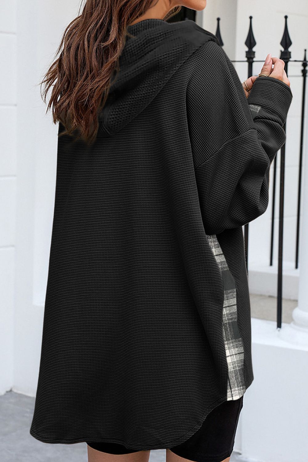 Waffle knit plaid patchwork drawstring hooded shacket with pockets.
