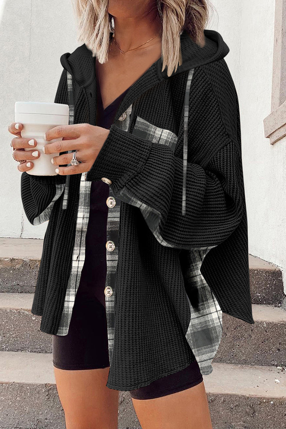 Waffle knit plaid patchwork drawstring hooded shacket with pockets.