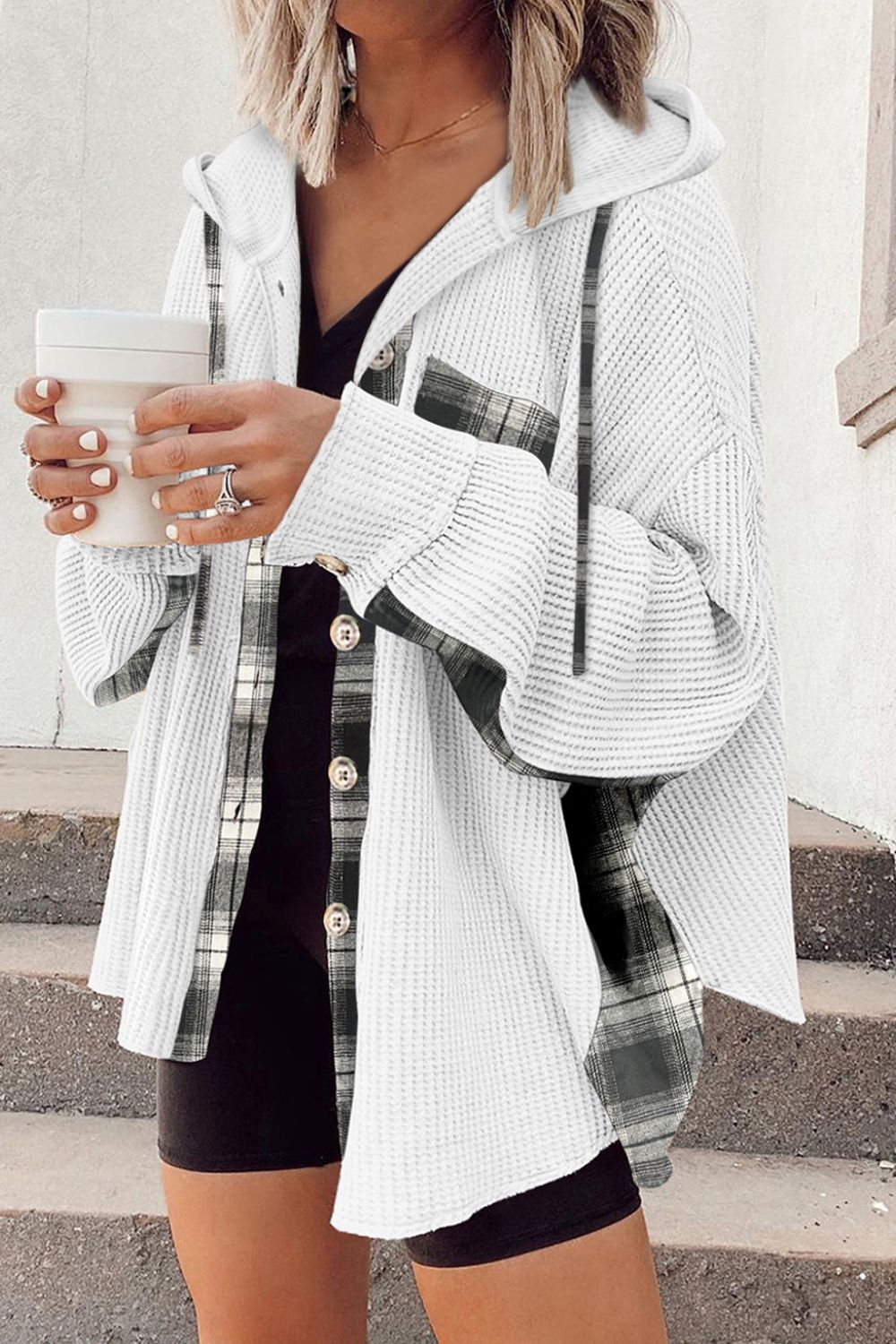Waffle knit plaid patchwork drawstring hooded shacket with pockets.