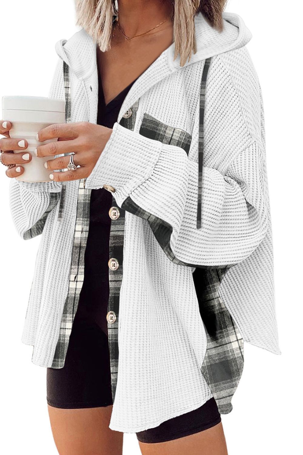 Waffle knit plaid patchwork drawstring hooded shacket with pockets.