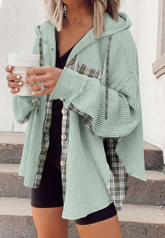 Waffle knit plaid patchwork drawstring hooded shacket with pockets.