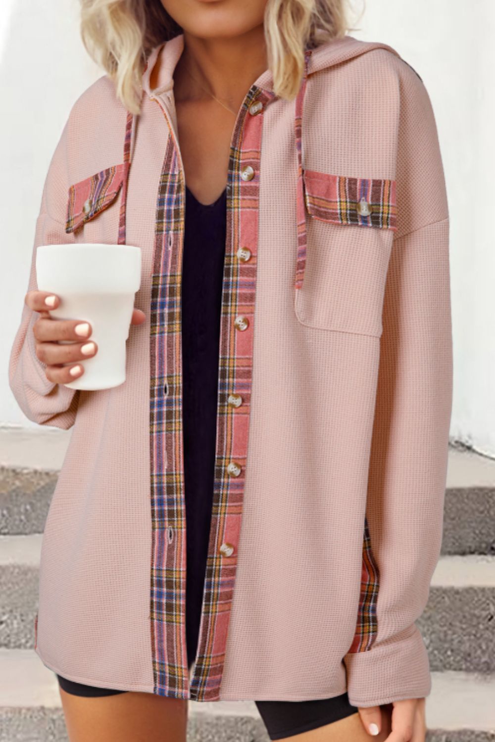 Waffle knit plaid patchwork drawstring hooded shacket with pockets.