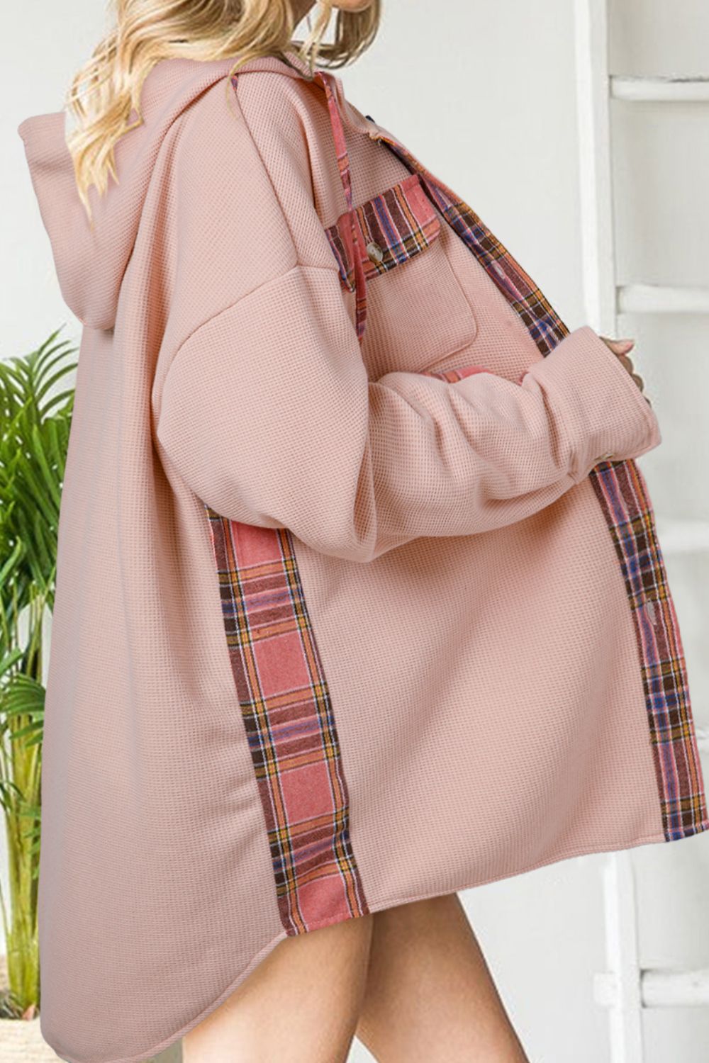 Waffle knit plaid patchwork drawstring hooded shacket with pockets.