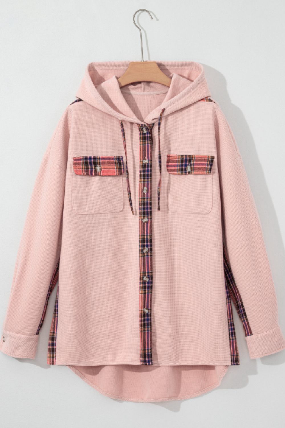 Waffle knit plaid patchwork drawstring hooded shacket with pockets.