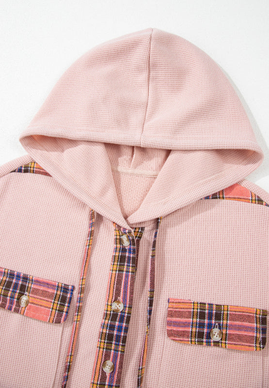 Waffle knit plaid patchwork drawstring hooded shacket with pockets.