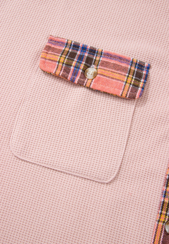 Waffle knit plaid patchwork drawstring hooded shacket with pockets.