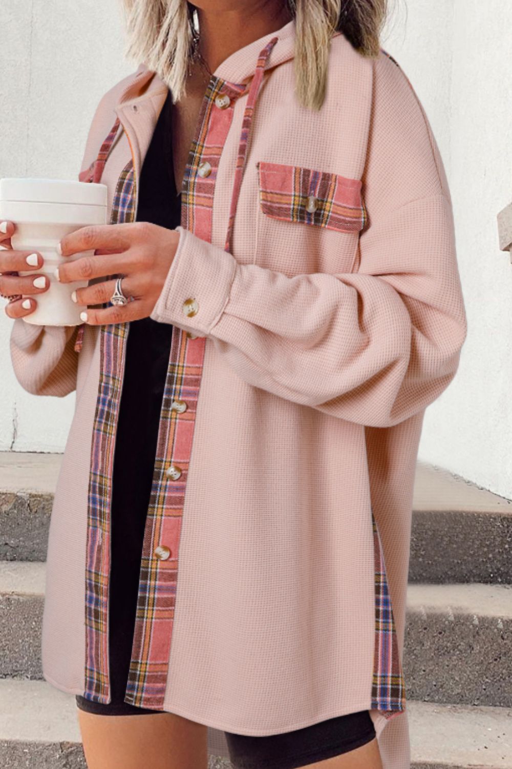 Waffle knit plaid patchwork drawstring hooded shacket with pockets.
